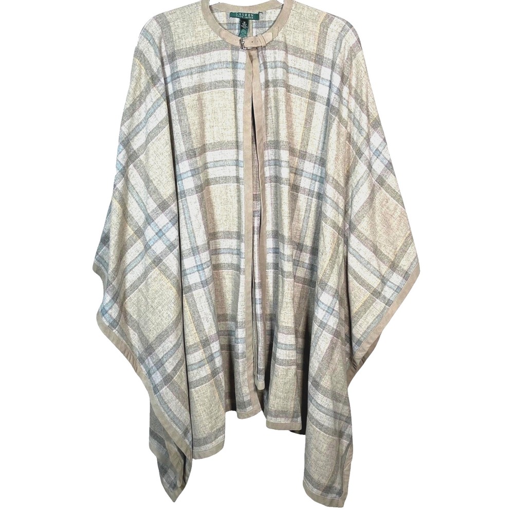 Lauren Ralph Lauren Wool Cashmere Cape Plaid Womens 1X Poncho Suede Trim Wrap